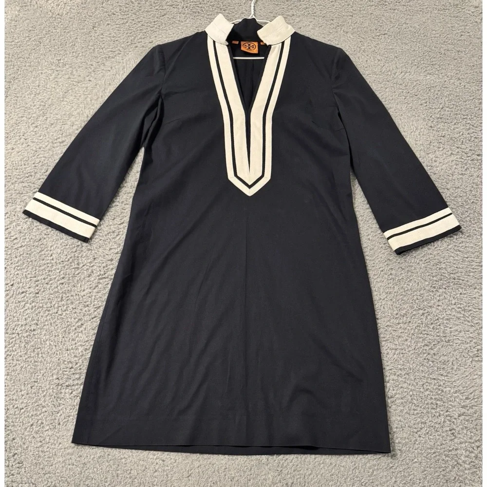 TORY BURCH Navy White Tory Tunic Dress Size 2 Cruise Resort‎
